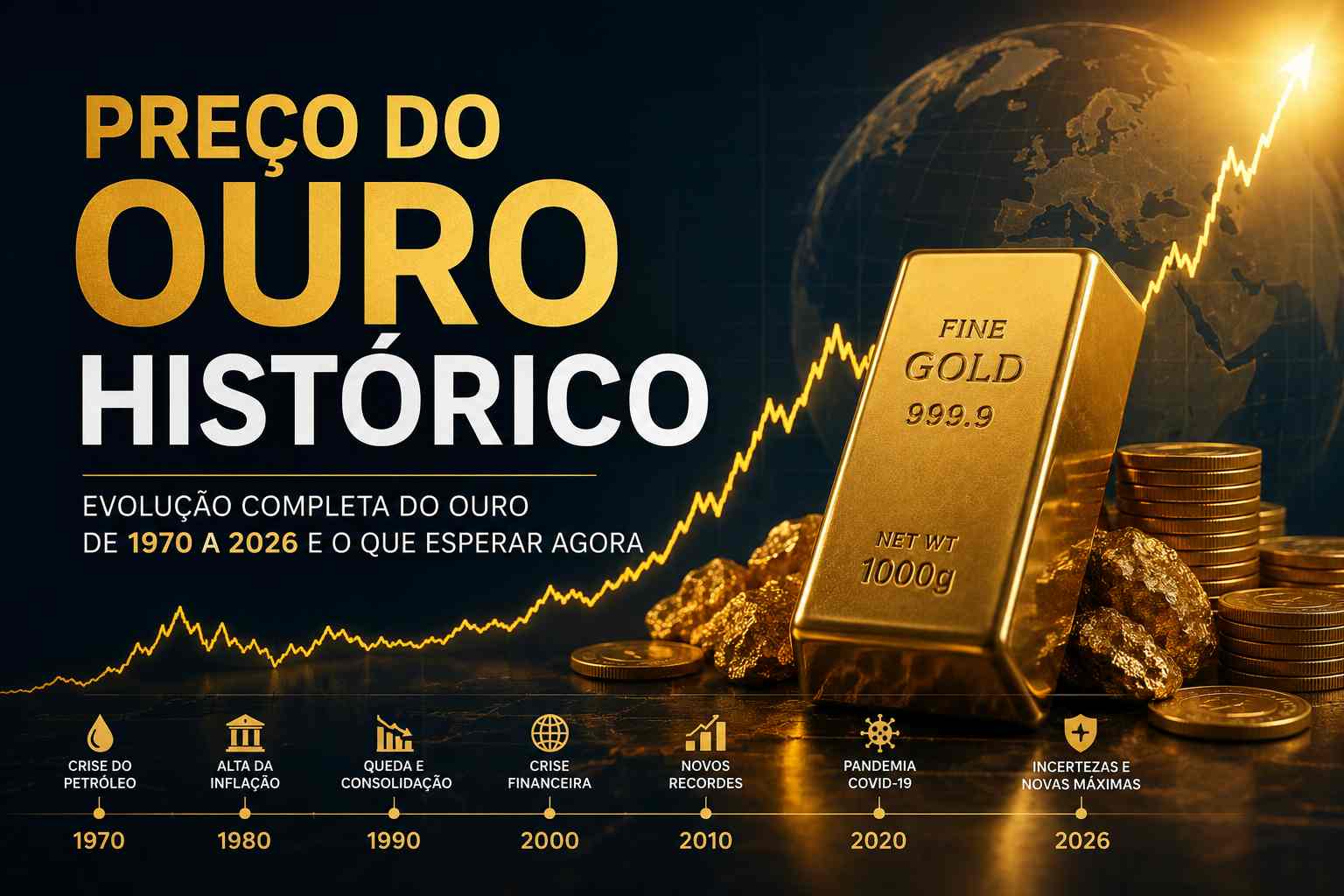 Confira o preço do ouro histórico de 1970 a 2026, gráficos atualizados, fatores que influenciam o mercado e como investir em ouro no Brasil através de ETFs e CFDs. 