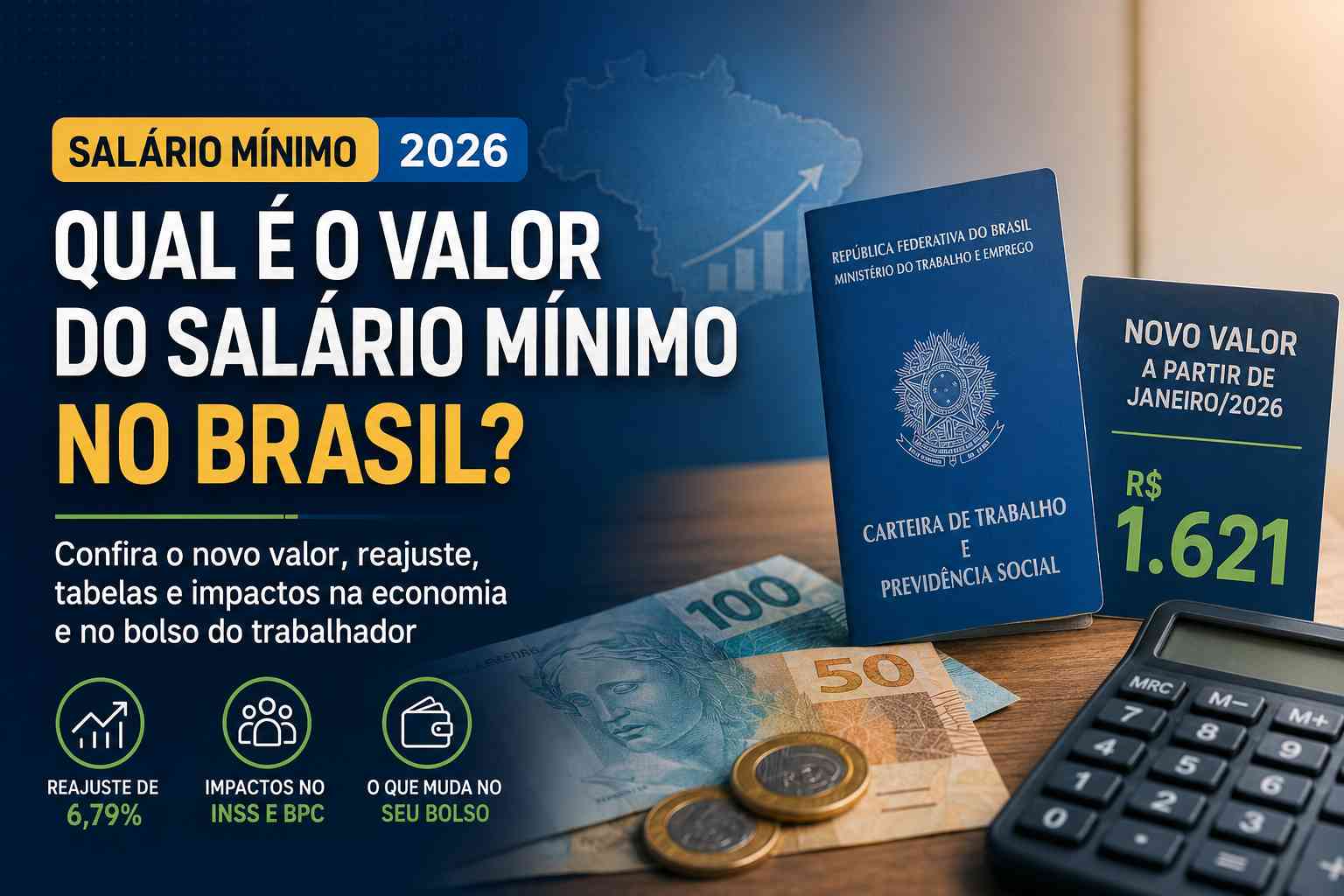 Qual é o valor do salário mínimo no Brasil em 2026? Confira o novo salário mínimo de R$ 1.621, veja como o reajuste afeta INSS, aposentadorias, benefícios sociais e o orçamento das famílias brasileiras. 