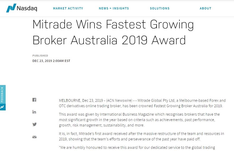 tin đoạt giải về Mitrade trên nasdap