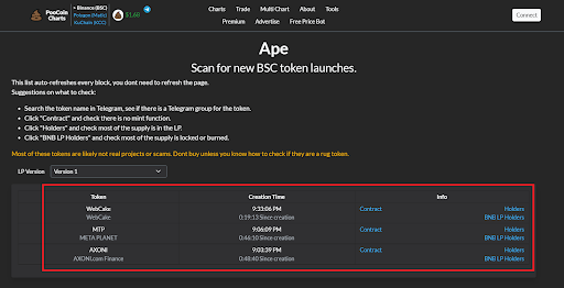 Để theo dõi các coin mới trên PooCoinApp, bạn vào trang con  https://poocoin.app/ape