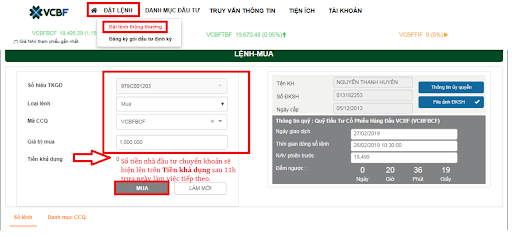 Giao diện đặt lệnh mua chứng chỉ quỹ VCBF (Nguồn: VCBF)