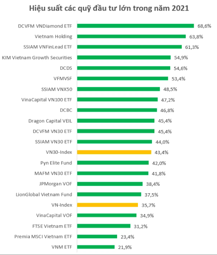 hiệu suất các quỹ đầu tư lớn trong năm 2021