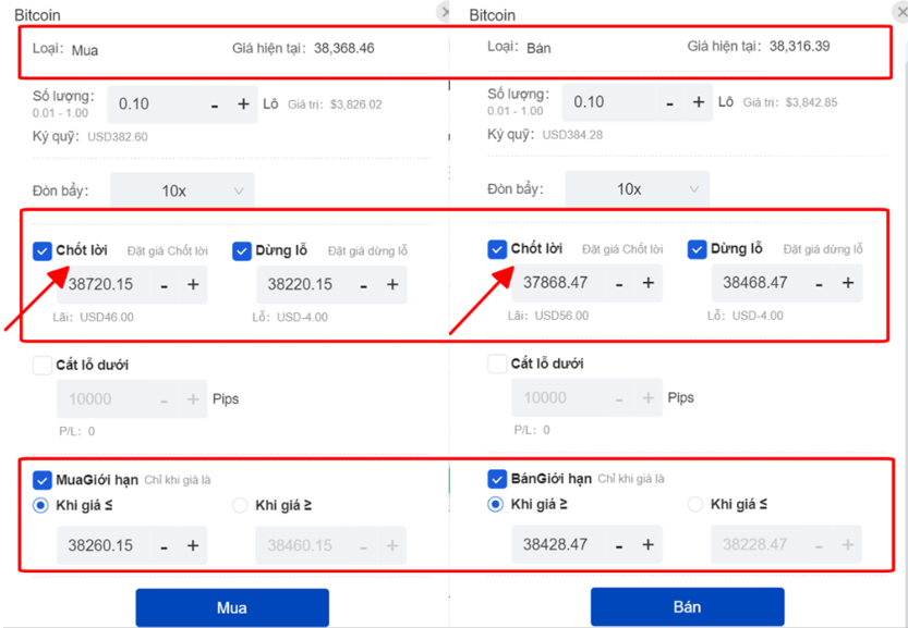 giao diện đặt lệnh mua bán với lệnh take profit