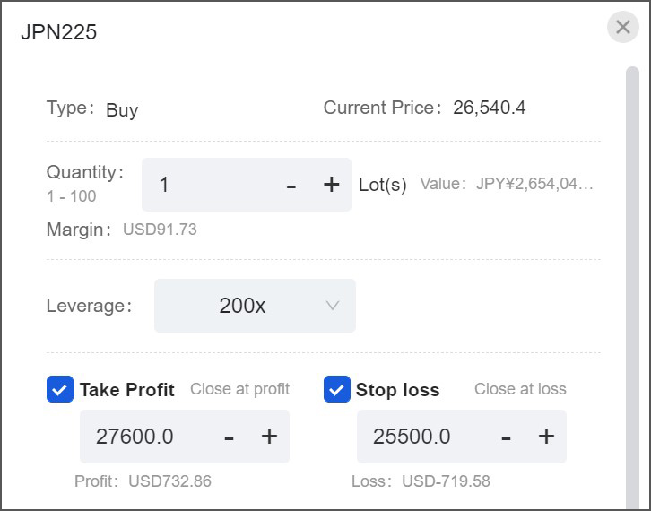 JPN225 se muestra en la tabla de datos en tiempo real de la plataforma Mitrade de pasos específicos para el trading.