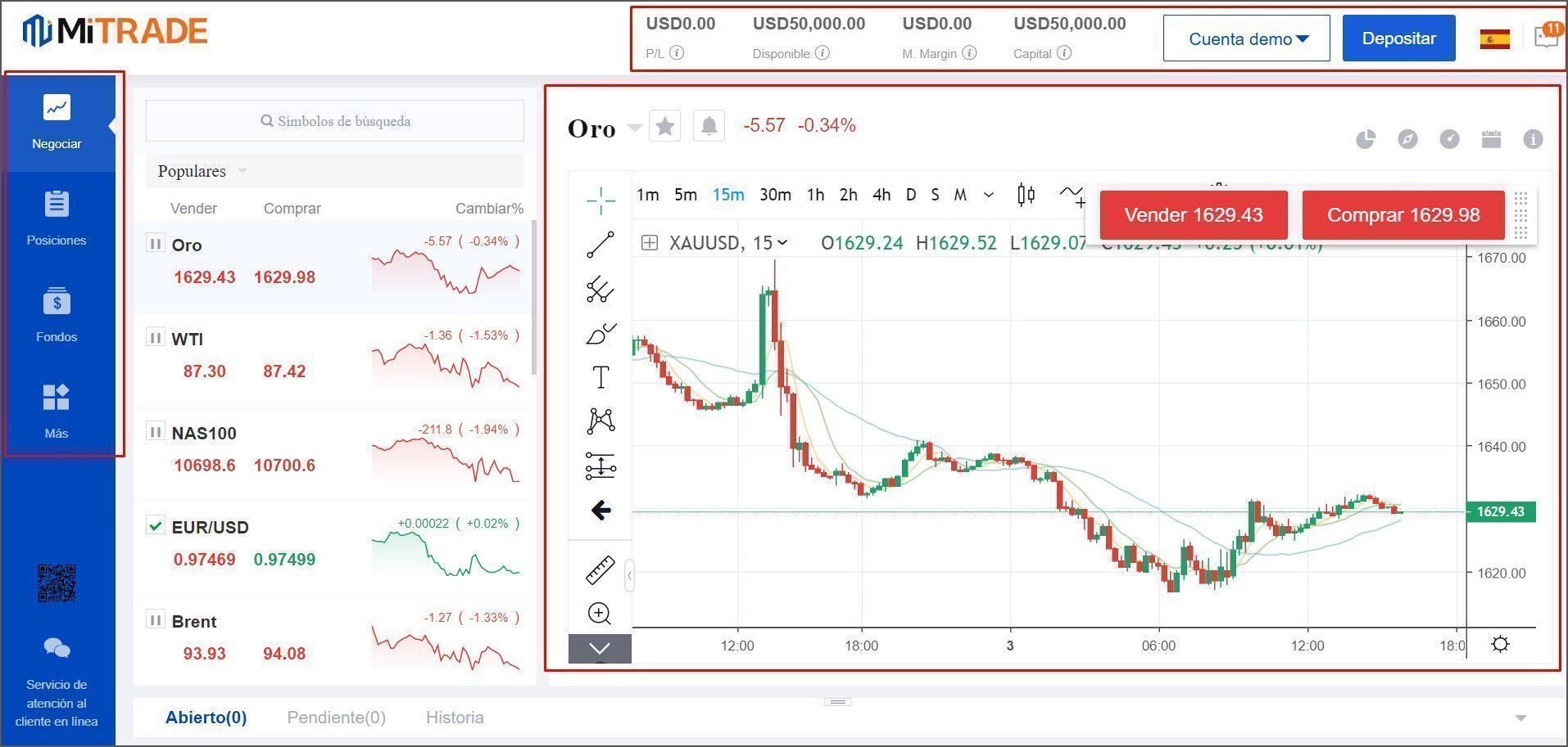 Página de la plataforma de negociación en vivo en la plataforma Mitrade.