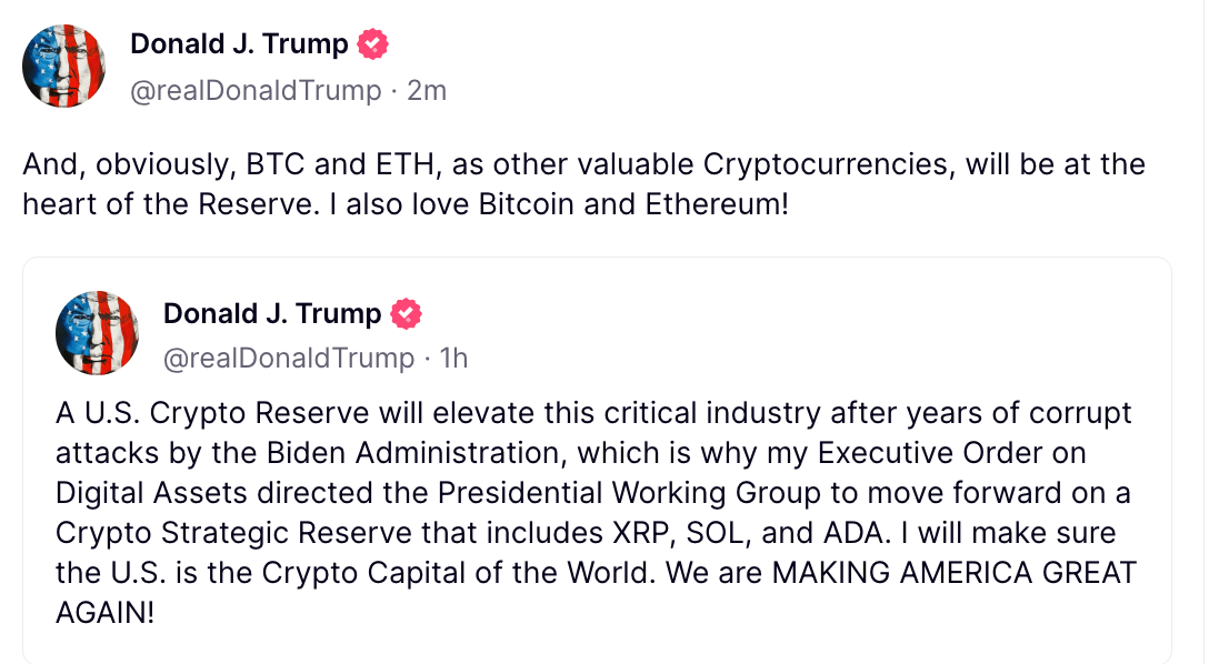 ทรัมป์ประกาศ XRP, Solana และ Cardano เข้าในแผนสำรองคริปโตเชิงยุทธศาสตร์ ก่อนเพิ่ม Bitcoin และ Ether ภายหลัง