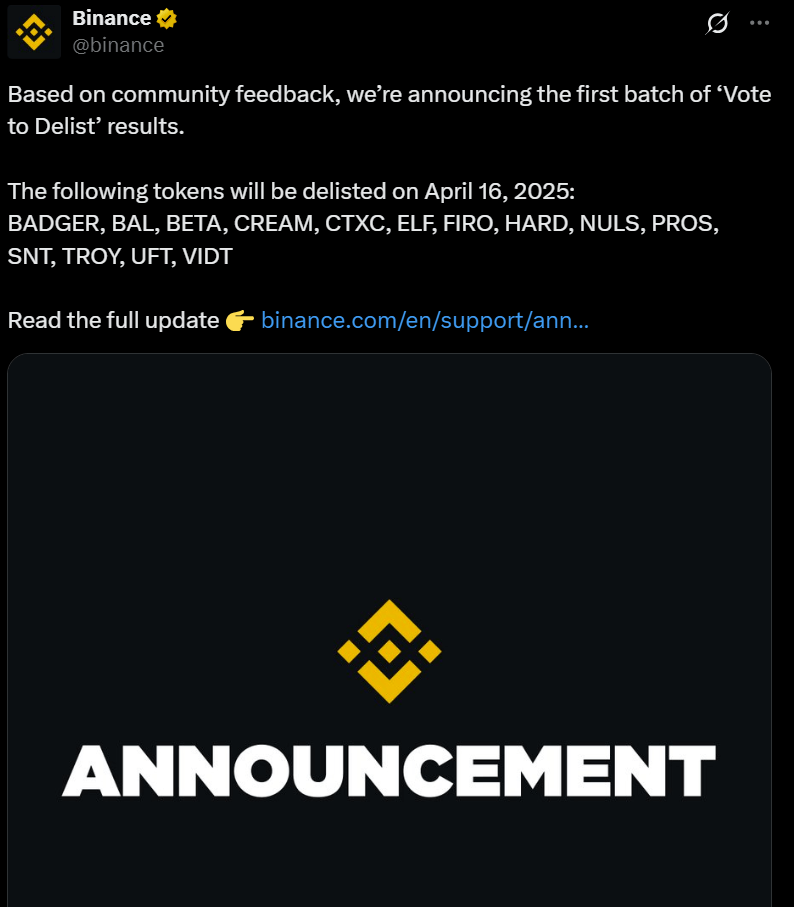 Binance ประกาศถอนเหรียญ 