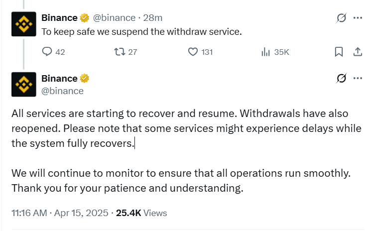 Binance แจ้งระบบถ่อนล้ม ก่อนจะกลับมาให้บริการอีกครั้ง