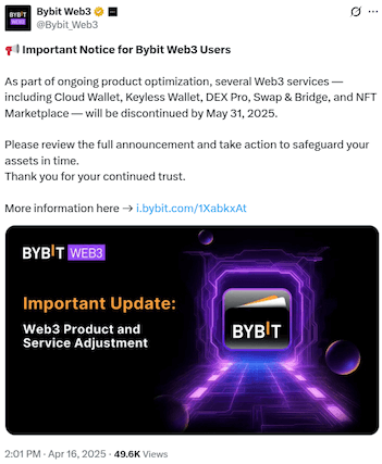 Bybit ทยอยปิดบริการ Web3 หลายอย่าง