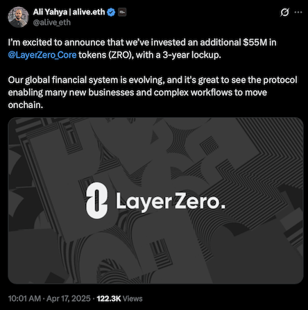 A16z อัดฉีดเงินให้ LayerZero เพิ่มอีก