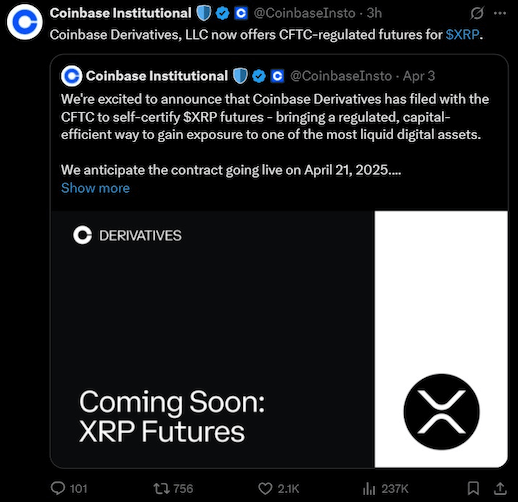 Coinbase Derivatives  ลิสต์ XRP เรียบร้อย