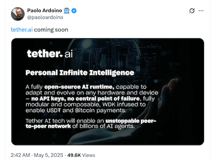 CEO Tether ประกาศเปิดตัว Tether AI