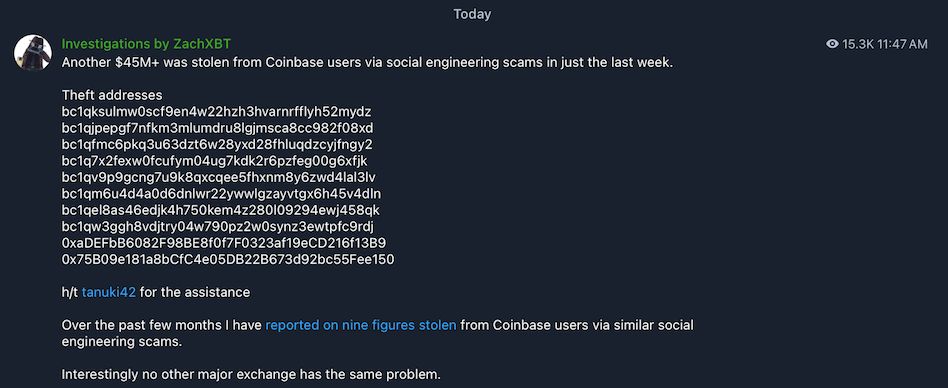 ที่อยู่ที่ถูกโอนเงินออกจาก Coinbase