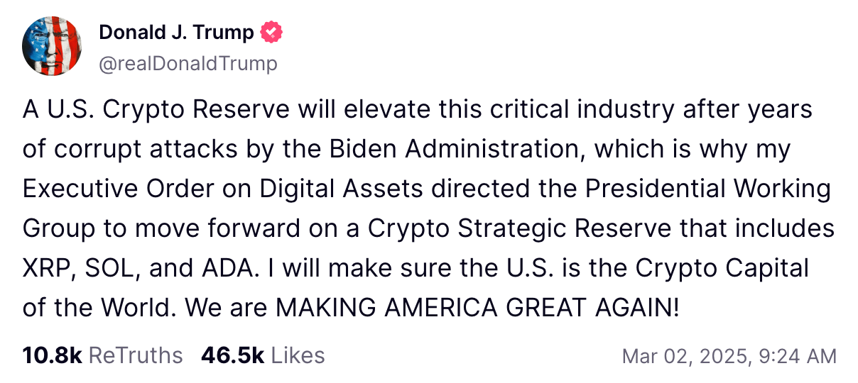 ข้อความการจัดตั้ง คลังสำรองคริปโตแห่งชาติ ที่มี XRP อยู่ด้วย