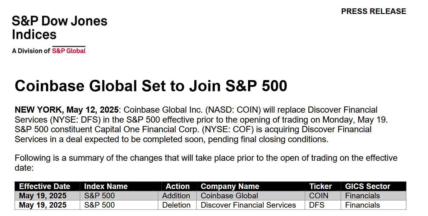 S&P Global ยืนยันว่า Coinbase Global จะถูกใส่ไว้ในดัชนี S&P 500