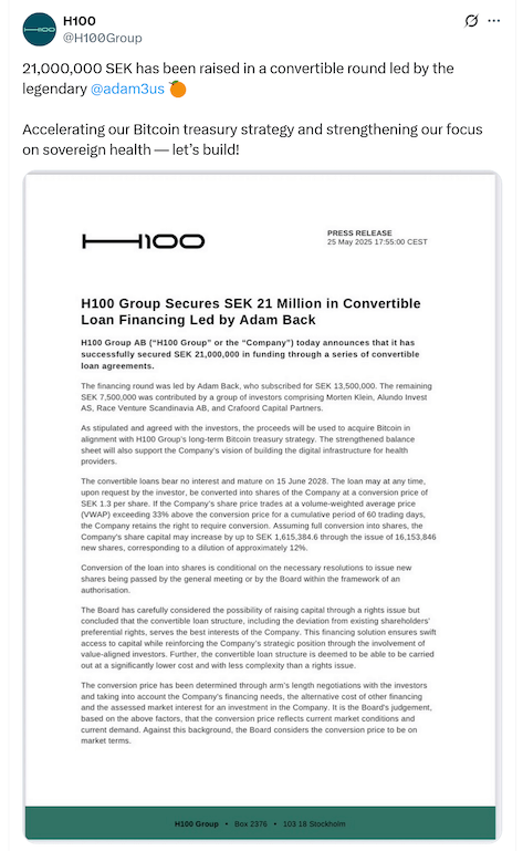 H100 ประกาศ Adam Back เข้ามาสนับสนุน