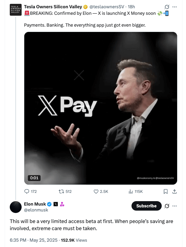 Musk เตรียมปล่อย X Money เร็วๆ นี้