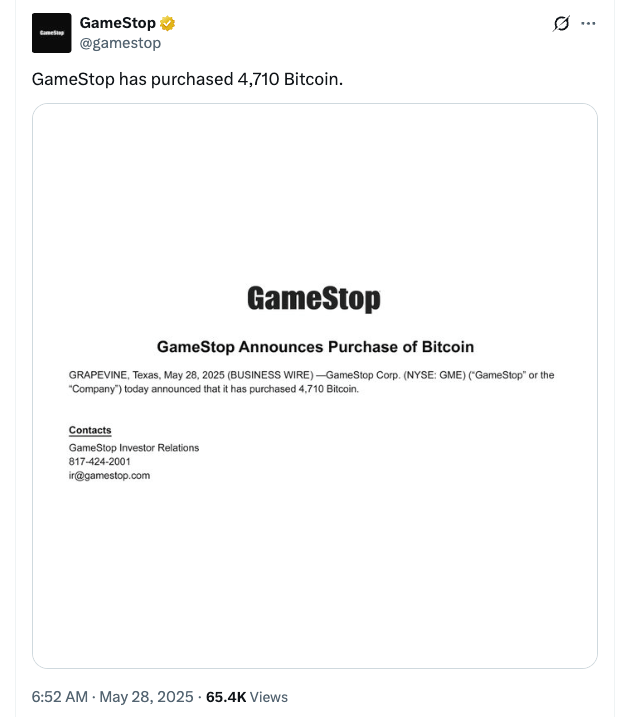 GameStop ประกาศ ซื้อ Bitcoin ไปแล้วกว่า  4,710 Bitcoin