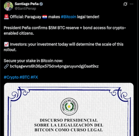 โพสของประธานาธิบดีปารากวัย ก่อนจะถูกลบในเวลาต่อไป