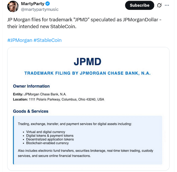 JPMorgan Chase ยื่นจดเครื่องหมายการค้าใหม่ในชื่อ “JPMD”