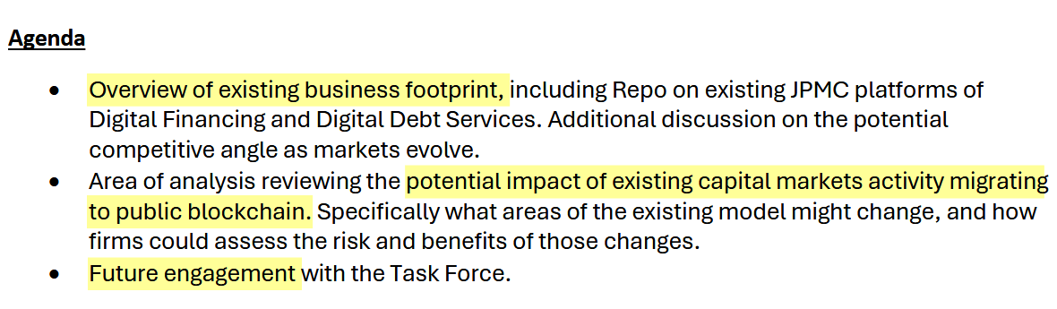 วาระการประชุมระหว่าง JPMorgan และ SEC Crypto Task Force