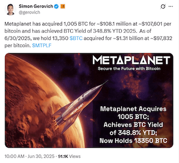 CEO Metaplanet ระบุ กำไรไปแล้วกว่า 349% 