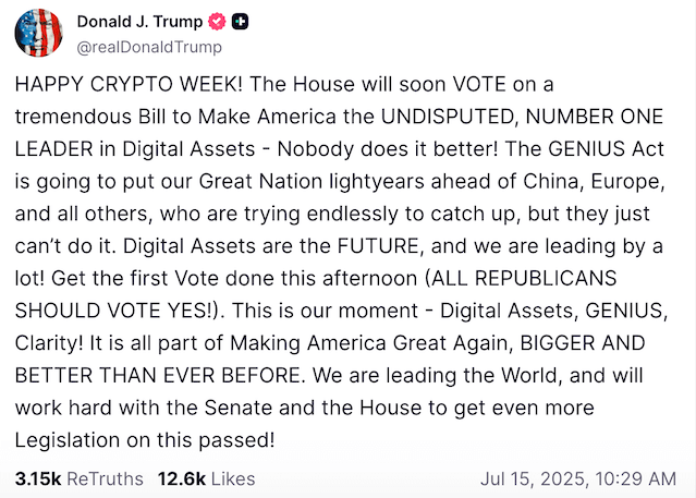 Trump สั่งให้ สส. โหวตผ่านร่างกฎหมายคริปโต GENIUS Act
