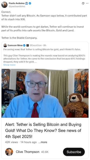 ซีอีโอ Tether ปฏิเสธข่าวลือการเทขาย Bitcoin