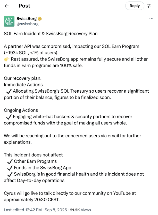SwissBorg ประกาศ โดนแฮกเงินจากโปรแกรม Earn ของเหรียญ Solana
