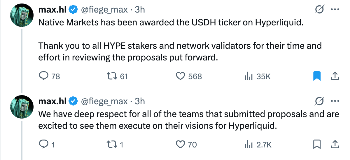 สิทธิ์ในการออก Stablecoin USDH ของ Hyperliquid คือ Native Markets
