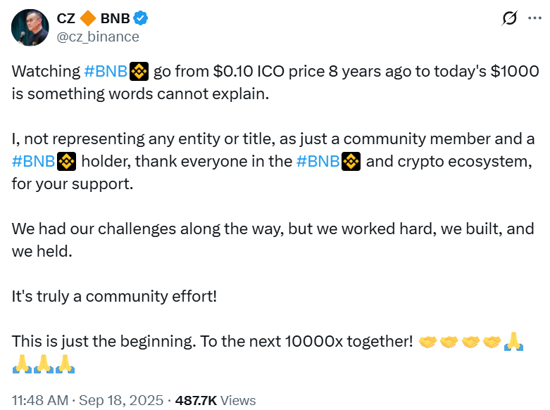 CZ ออกมาโพส เป้าถัดไป 1000x จาก ICO