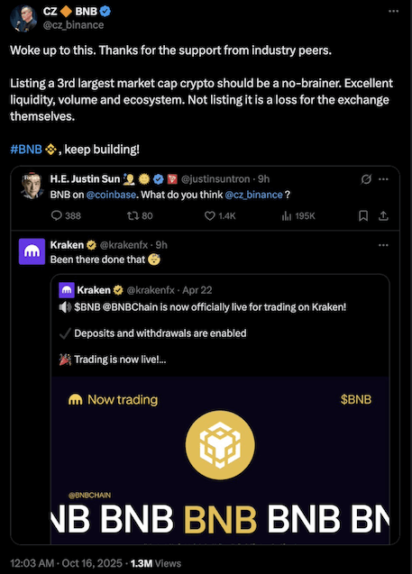 CZ  ก็ออกมาแสดงความยินดีกับการตัดสินใจของ Coinbase 