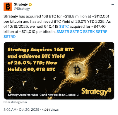 Strategy ประกาศซื้อ Bitcoin เพิ่มอีก 168 BTC 