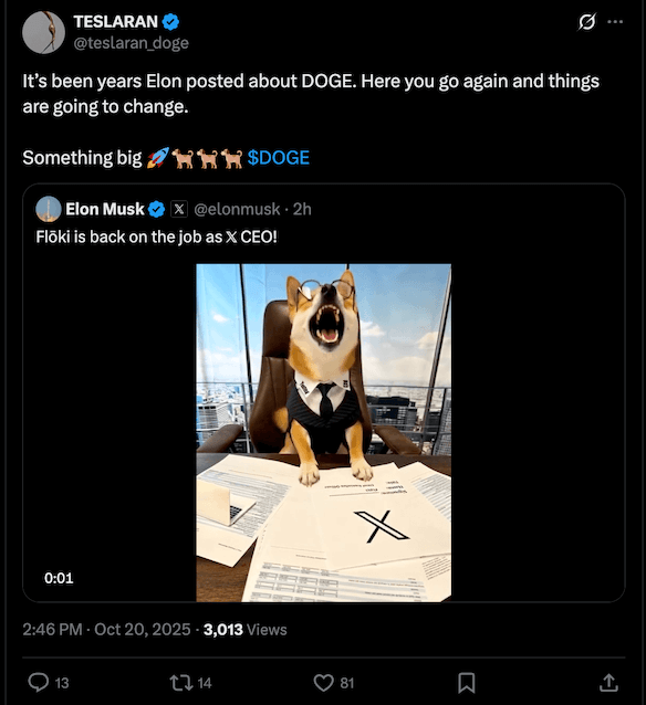 Elon Musk โพสต์รูปมาสคอต Shiba Inu บนแพลตฟอร์ม X