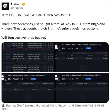Tom Lee ซื้อ ETH $250 ล้าน