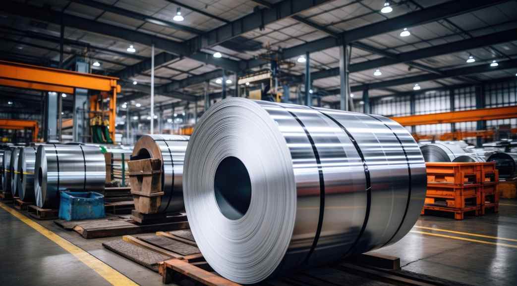 Rollen aus verarbeitetem Aluminium in einer Fabrik in Nordrhein-Westfalen, Deutschland