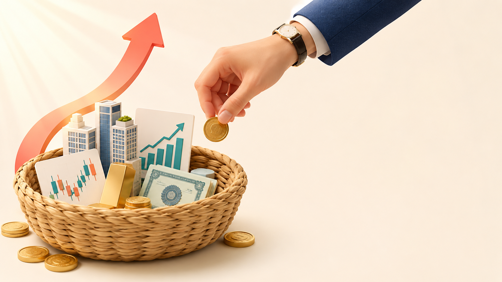 기준 ETF 투자 개념 일러스트 — 분산 자산이 담긴 바구니에 동전을 넣는 손 