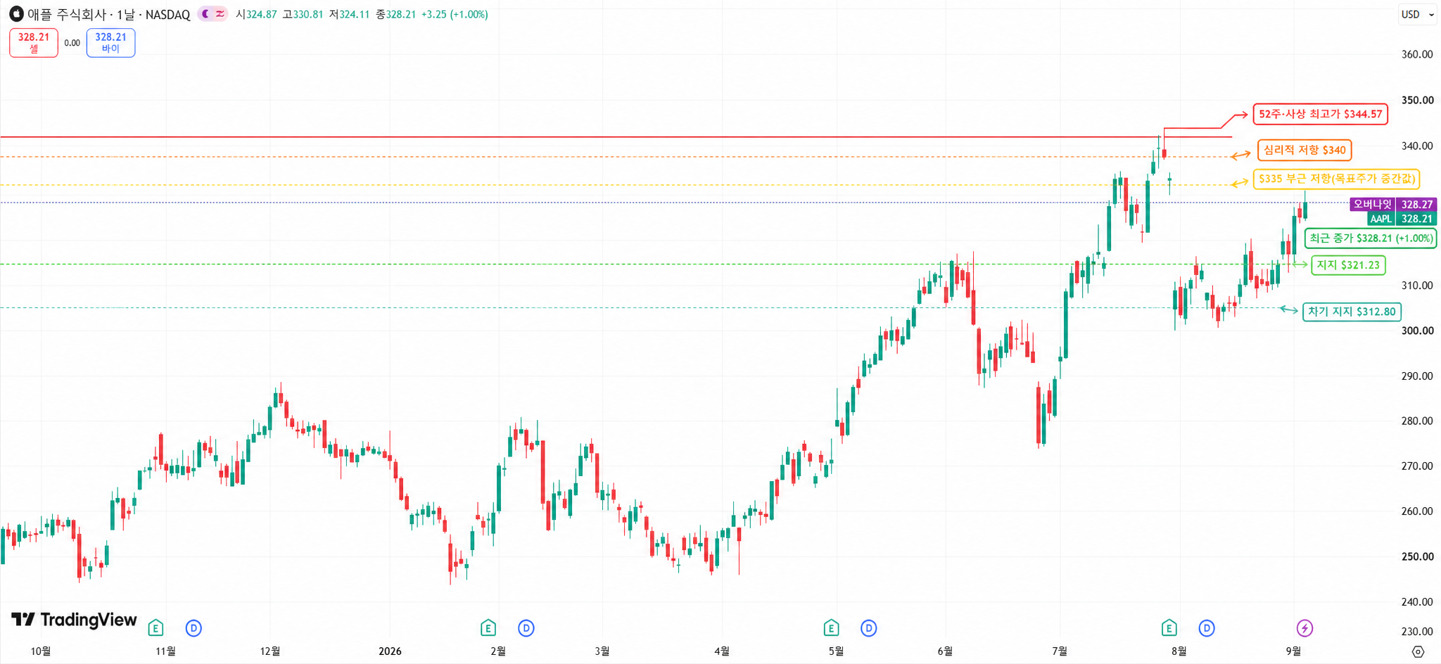 애플(AAPL) 최근 1년 주가 추이와 주요 지지·저항 구간
