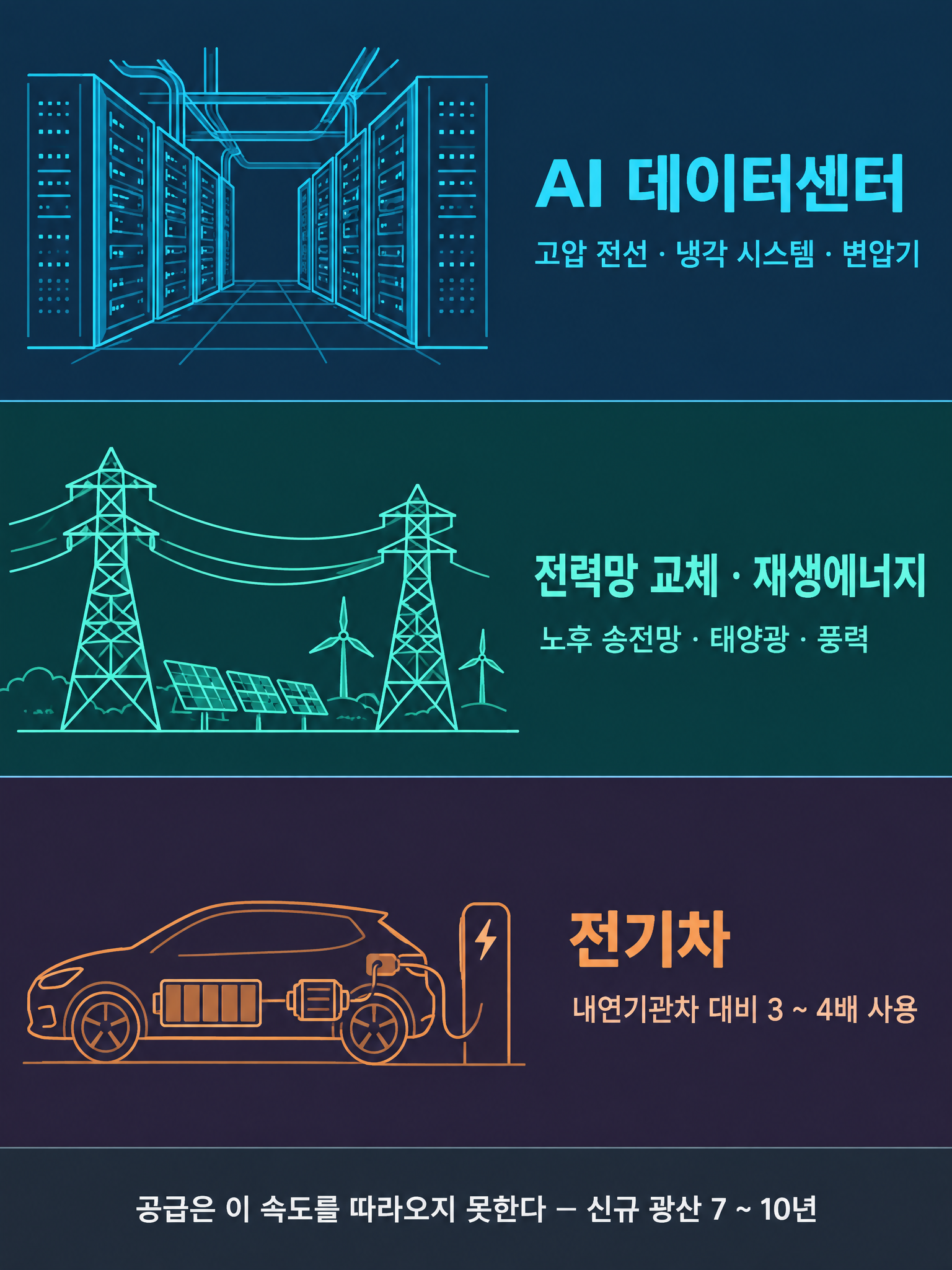 구리 수요를 이끄는 AI 데이터센터·전력망·전기차 세 축을 정리한 세로형 인포그래픽 구리 수요를 이끄는 AI 데이터센터·전력망·전기차 세 축을 정리한 세로형 인포그래픽
