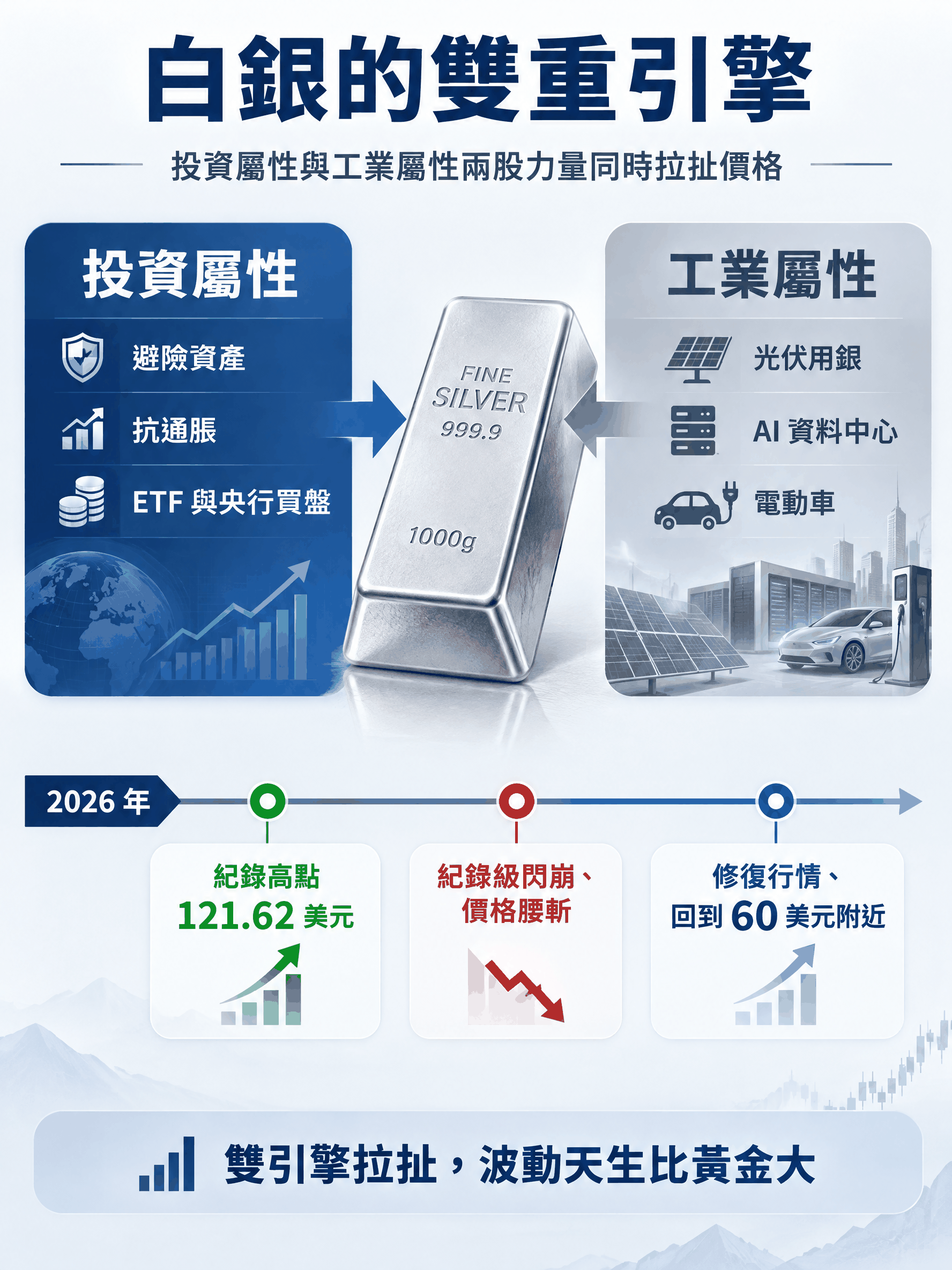 白銀的雙重引擎信息圖——左側為投資屬性（避險資產、抗通脹、ETF 與央行買盤），右側為工業屬性（光伏用銀、AI 資料中心、電動車），中間為白銀銀錠；底部時間帶標出 2026 年紀錄高點 121.62 美元、紀錄級閃崩價格腰斬、以及修復行情回到 60 美元附近。