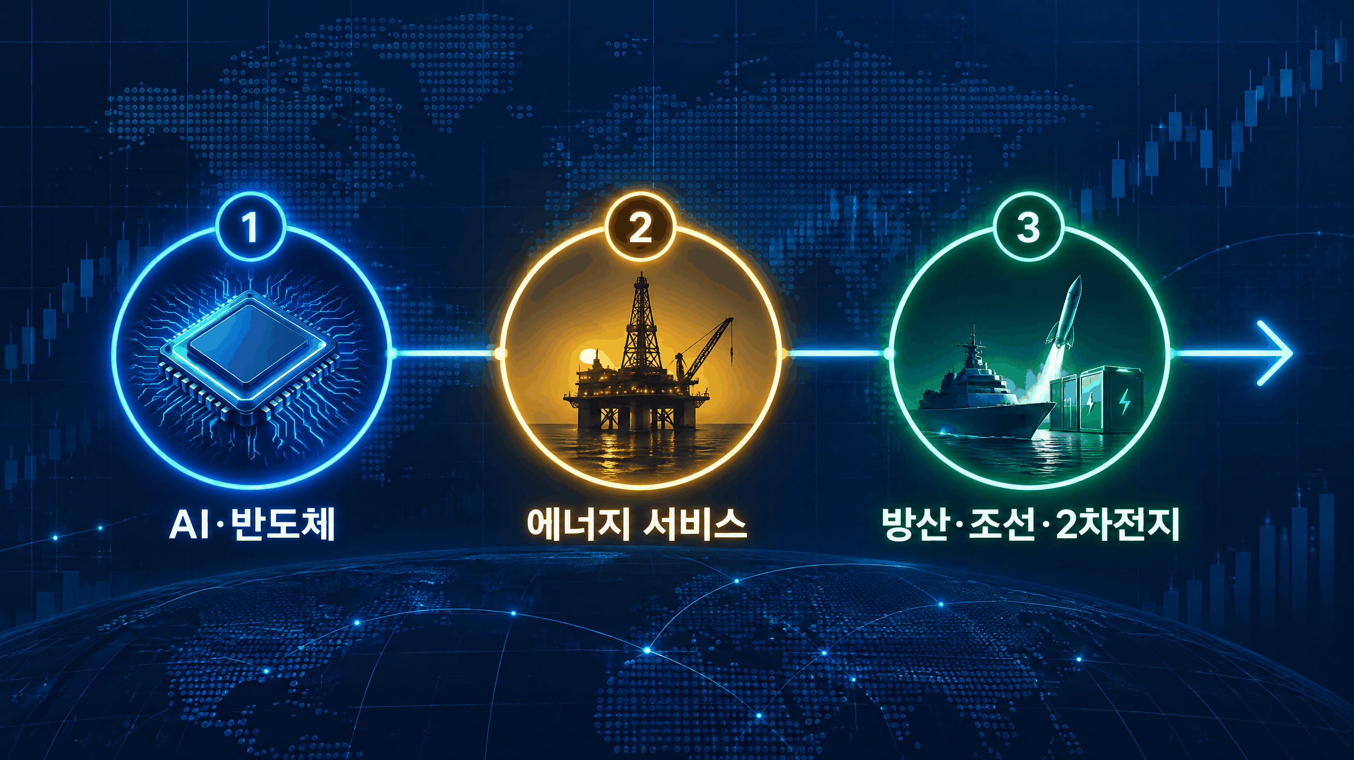 2026년 하반기 유망 업종 로드맵. AI·반도체, 에너지 서비스, 방산·조선·2차전지 세 축이 왼쪽에서 오른쪽으로 이어지며 하반기 시장을 이끄는 구조를 나타낸 인포그래픽. 2026년 하반기 유망 업종 로드맵. AI·반도체, 에너지 서비스, 방산·조선·2차전지 세 축이 왼쪽에서 오른쪽으로 이어지며 하반기 시장을 이끄는 구조를 나타낸 인포그래픽.