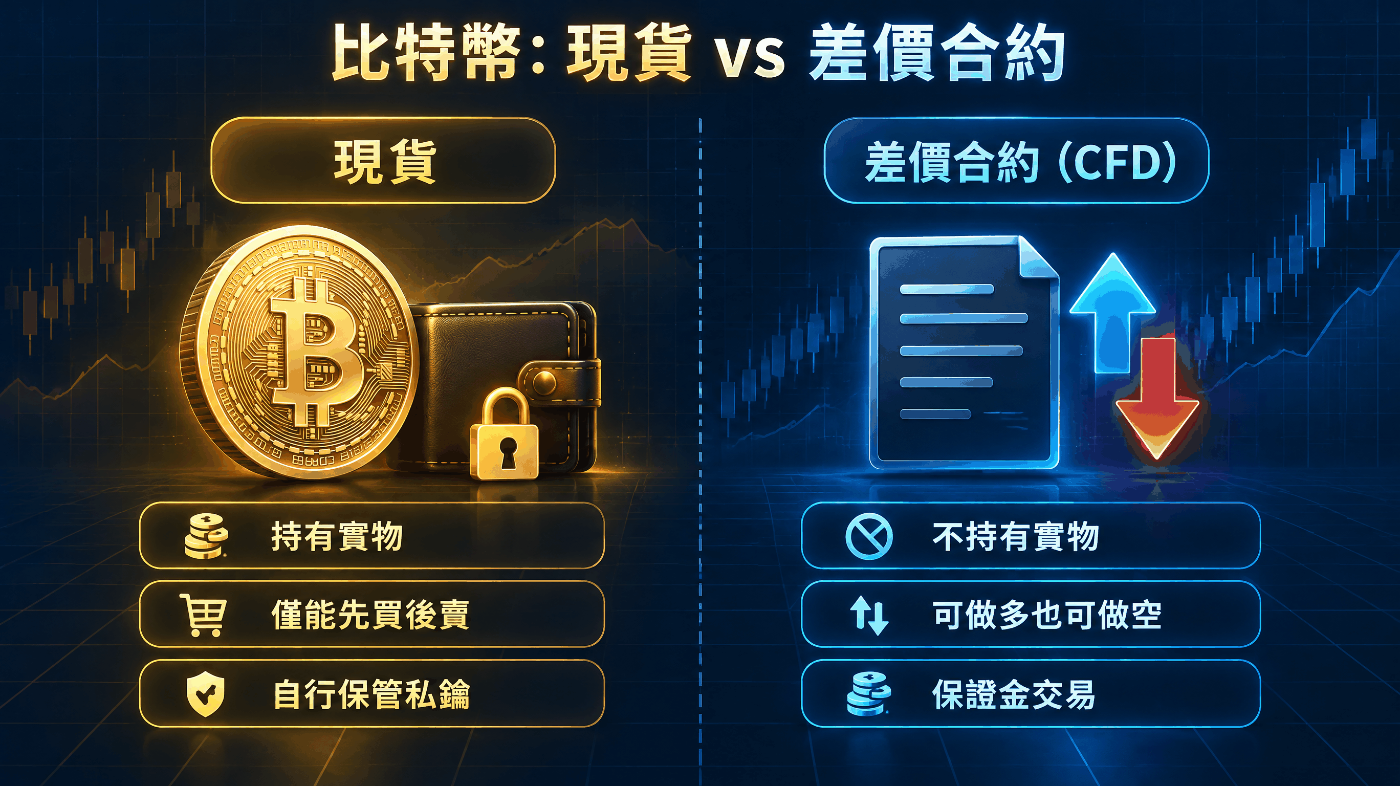 比特幣現貨與差價合約（CFD）交易方式對照信息圖——左欄為現貨：持有實物、僅能先買後賣、自行保管私鑰；右欄為差價合約：不持有實物、可做多也可做空、保證金交易。