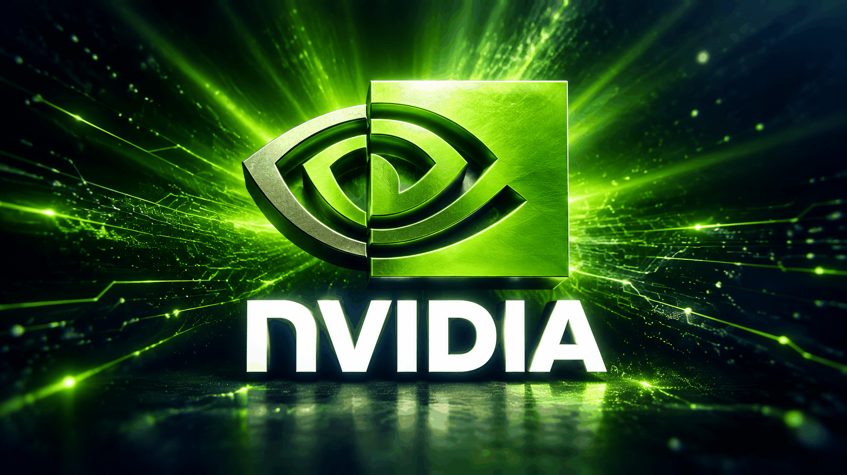 엔비디아(NVIDIA)의 심볼이 크게 배치된 브랜드 일러스트. 어두운 남색 배경에 그린색 빛줄기가 넓게 퍼지는 가운데 금속 질감의 로고 심볼이 떠 있고, 그 아래에 NVIDIA 워드마크가 흰 글자로 놓여 있다. 엔비디아(NVIDIA)의 심볼이 크게 배치된 브랜드 일러스트. 어두운 남색 배경에 그린색 빛줄기가 넓게 퍼지는 가운데 금속 질감의 로고 심볼이 떠 있고, 그 아래에 NVIDIA 워드마크가 흰 글자로 놓여 있다.