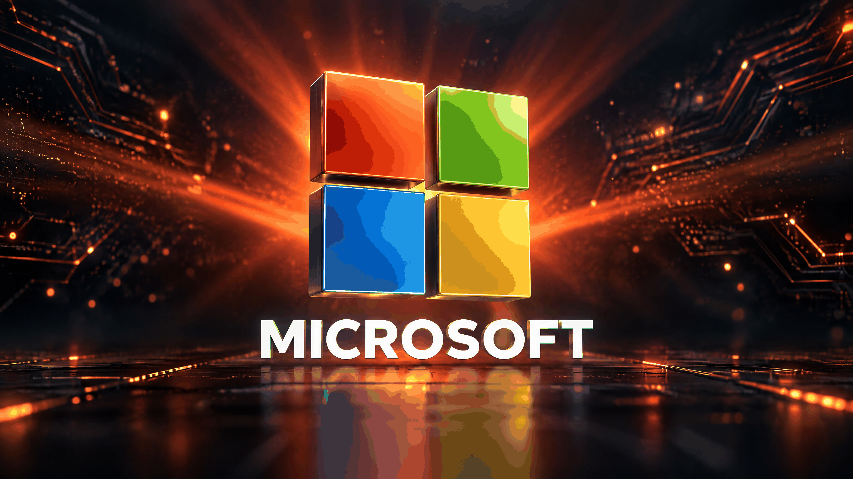 마이크로소프트(Microsoft)의 사각형 4블록 심볼이 크게 배치된 브랜드 일러스트. 어두운 남색 배경에 주황빛 빛줄기가 넓게 퍼지는 가운데 금속 질감의 로고 심볼이 떠 있고, 그 아래에 MICROSOFT 워드마크가 흰 글자로 놓여 있다. 마이크로소프트(Microsoft)의 사각형 4블록 심볼이 크게 배치된 브랜드 일러스트. 어두운 남색 배경에 주황빛 빛줄기가 넓게 퍼지는 가운데 금속 질감의 로고 심볼이 떠 있고, 그 아래에 MICROSOFT 워드마크가 흰 글자로 놓여 있다.