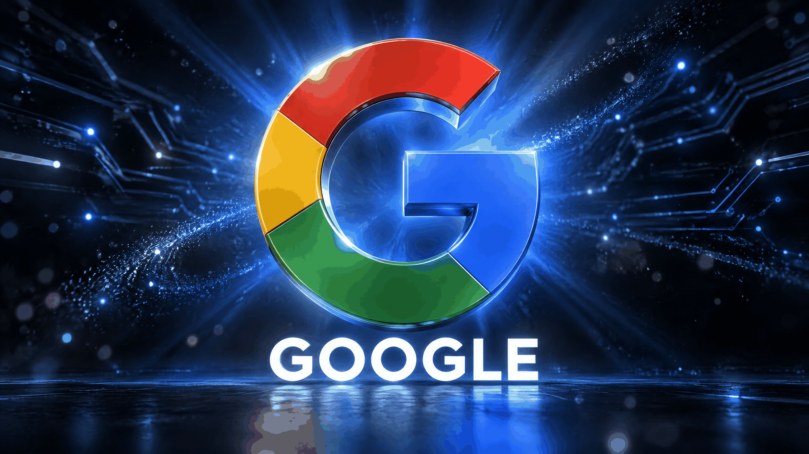 구글(Google)의 4색 G 심볼이 크게 배치된 브랜드 일러스트. 어두운 남색 배경에 블루빛 빛줄기가 넓게 퍼지는 가운데 금속 질감의 로고 심볼이 떠 있고, 그 아래에 GOOGLE 워드마크가 흰 글자로 놓여 있다. 구글(Google)의 4색 G 심볼이 크게 배치된 브랜드 일러스트. 어두운 남색 배경에 블루빛 빛줄기가 넓게 퍼지는 가운데 금속 질감의 로고 심볼이 떠 있고, 그 아래에 GOOGLE 워드마크가 흰 글자로 놓여 있다.