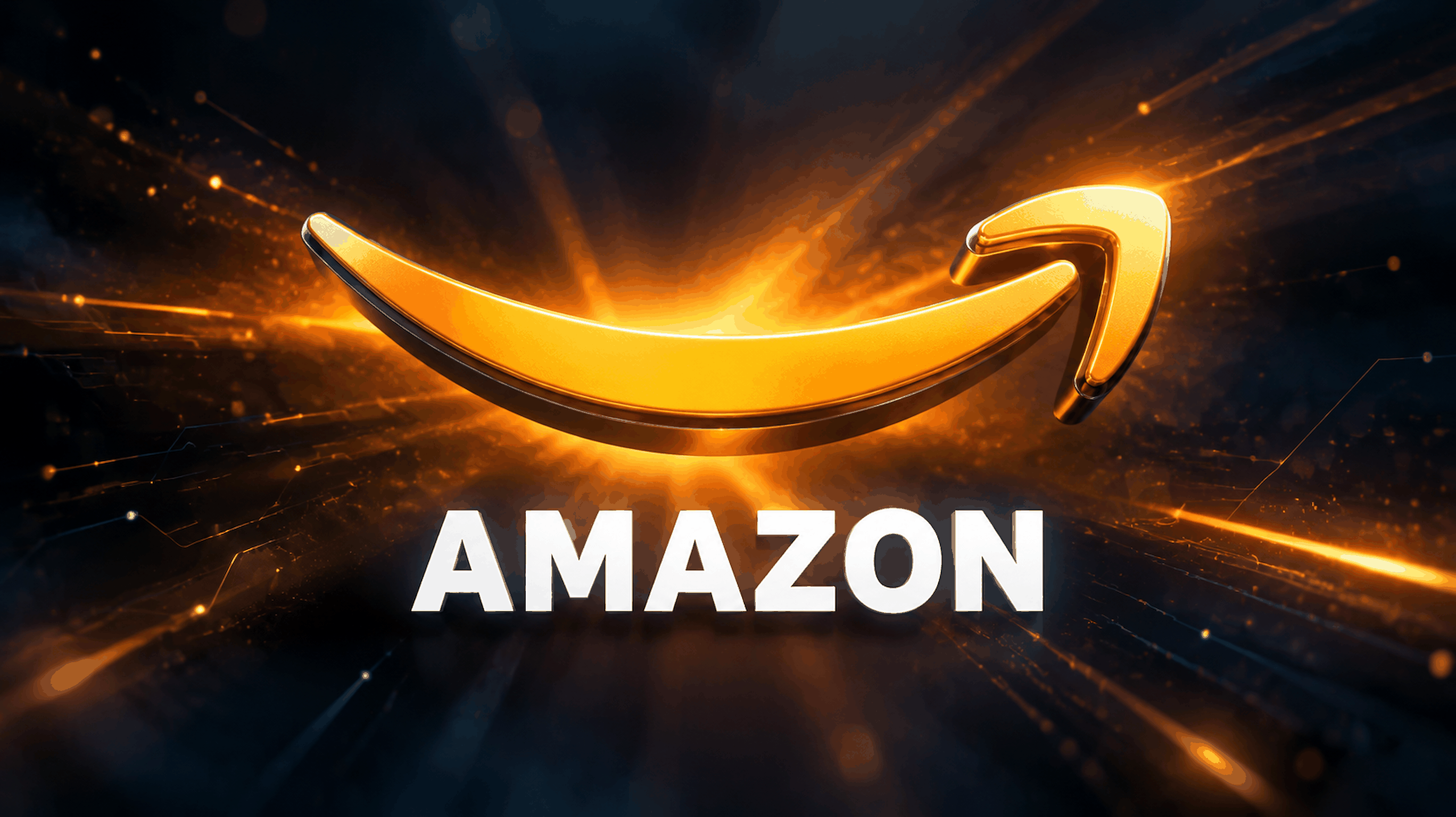아마존(Amazon)의 곡선 화살표 심볼이 크게 배치된 브랜드 일러스트. 어두운 남색 배경에 주황색 빛줄기가 넓게 퍼지는 가운데 금속 질감의 로고 심볼이 떠 있고, 그 아래에 AMAZON 워드마크가 흰 글자로 놓여 있다. 아마존(Amazon)의 곡선 화살표 심볼이 크게 배치된 브랜드 일러스트. 어두운 남색 배경에 주황색 빛줄기가 넓게 퍼지는 가운데 금속 질감의 로고 심볼이 떠 있고, 그 아래에 AMAZON 워드마크가 흰 글자로 놓여 있다.