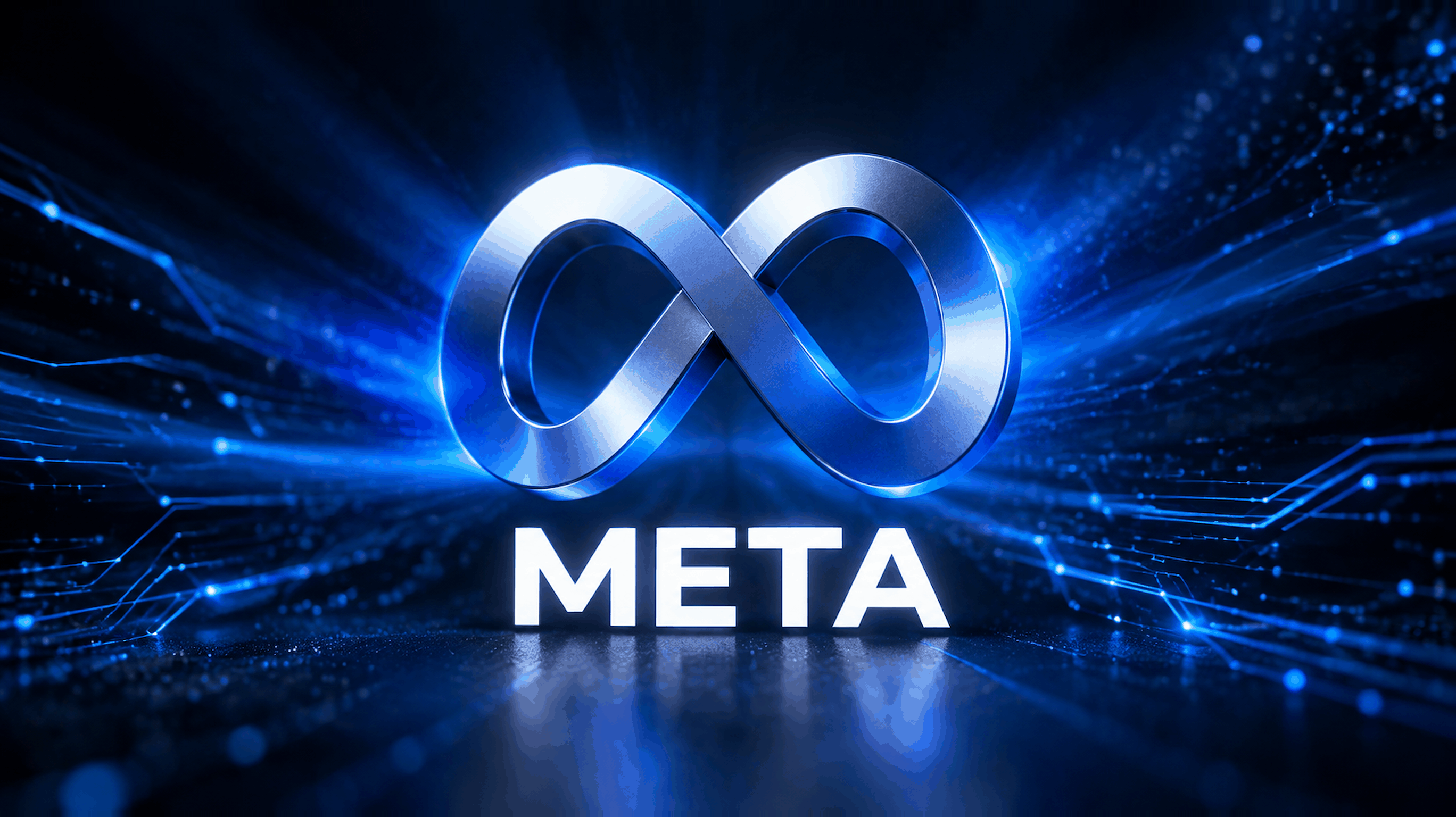 메타(Meta)의 무한 루프 심볼이 크게 배치된 브랜드 일러스트. 어두운 남색 배경에 블루빛 빛줄기가 넓게 퍼지는 가운데 금속 질감의 로고 심볼이 떠 있고, 그 아래에 META 워드마크가 흰 글자로 놓여 있다. 메타(Meta)의 무한 루프 심볼이 크게 배치된 브랜드 일러스트. 어두운 남색 배경에 블루빛 빛줄기가 넓게 퍼지는 가운데 금속 질감의 로고 심볼이 떠 있고, 그 아래에 META 워드마크가 흰 글자로 놓여 있다.