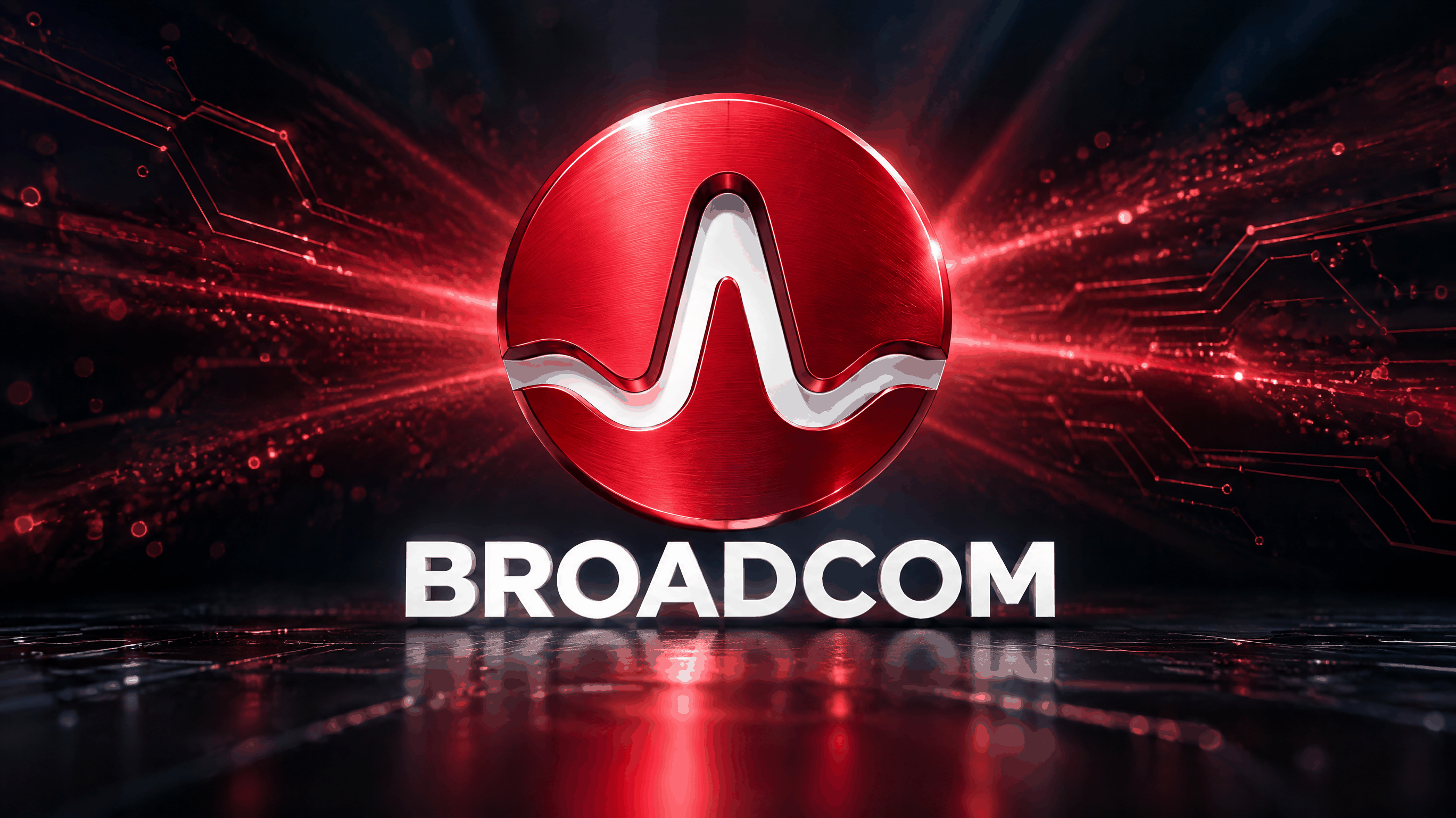 브로드컴(Broadcom)의 붉은 곡선 심볼이 크게 배치된 브랜드 일러스트. 어두운 남색 배경에 레드빛 빛줄기가 넓게 퍼지는 가운데 금속 질감의 로고 심볼이 떠 있고, 그 아래에 BROADCOM 워드마크가 흰 글자로 놓여 있다. 브로드컴(Broadcom)의 붉은 곡선 심볼이 크게 배치된 브랜드 일러스트. 어두운 남색 배경에 레드빛 빛줄기가 넓게 퍼지는 가운데 금속 질감의 로고 심볼이 떠 있고, 그 아래에 BROADCOM 워드마크가 흰 글자로 놓여 있다.