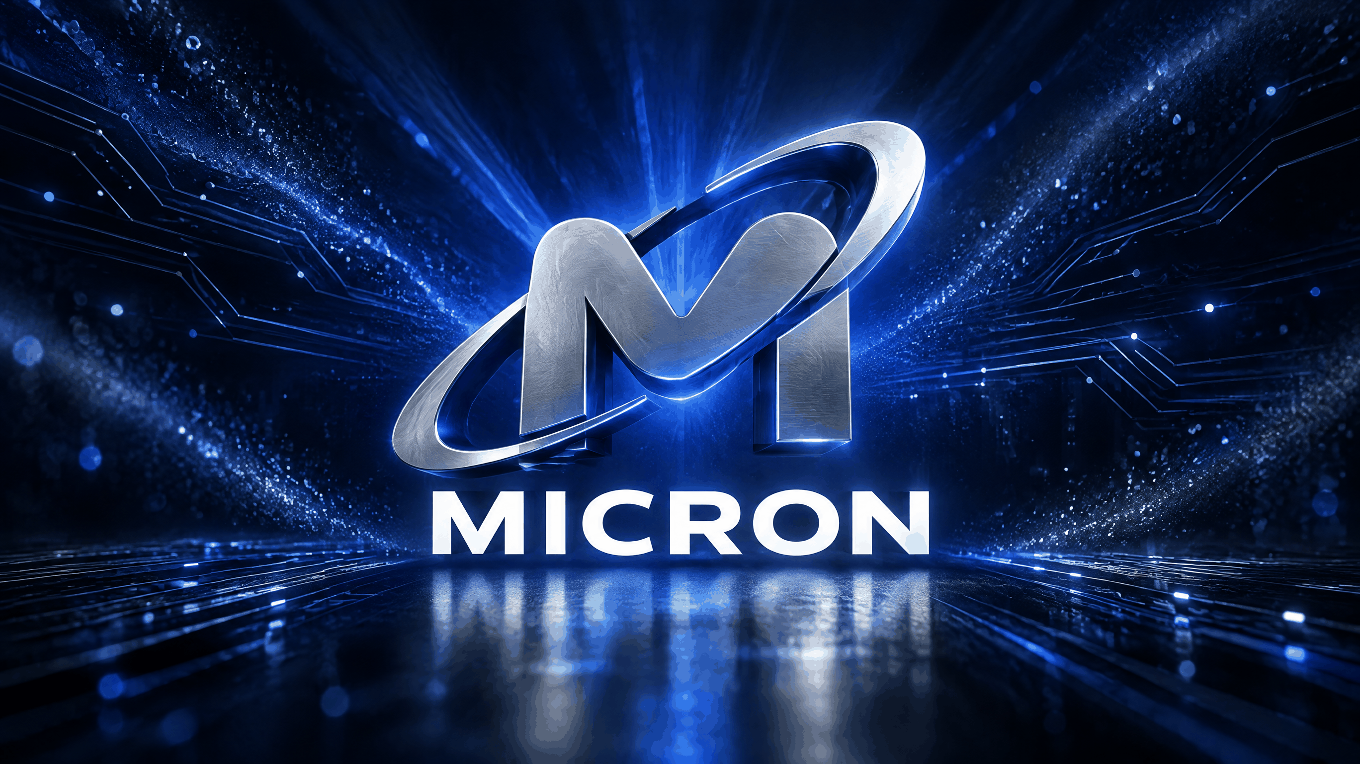 마이크론(Micron)의 심볼 마크 M 심볼이 크게 배치된 브랜드 일러스트. 어두운 남색 배경에 짙은 블루빛 빛줄기가 넓게 퍼지는 가운데 금속 질감의 로고 심볼이 떠 있고, 그 아래에 MICRON 워드마크가 흰 글자로 놓여 있다. 마이크론(Micron)의 심볼 마크 M 심볼이 크게 배치된 브랜드 일러스트. 어두운 남색 배경에 짙은 블루빛 빛줄기가 넓게 퍼지는 가운데 금속 질감의 로고 심볼이 떠 있고, 그 아래에 MICRON 워드마크가 흰 글자로 놓여 있다.