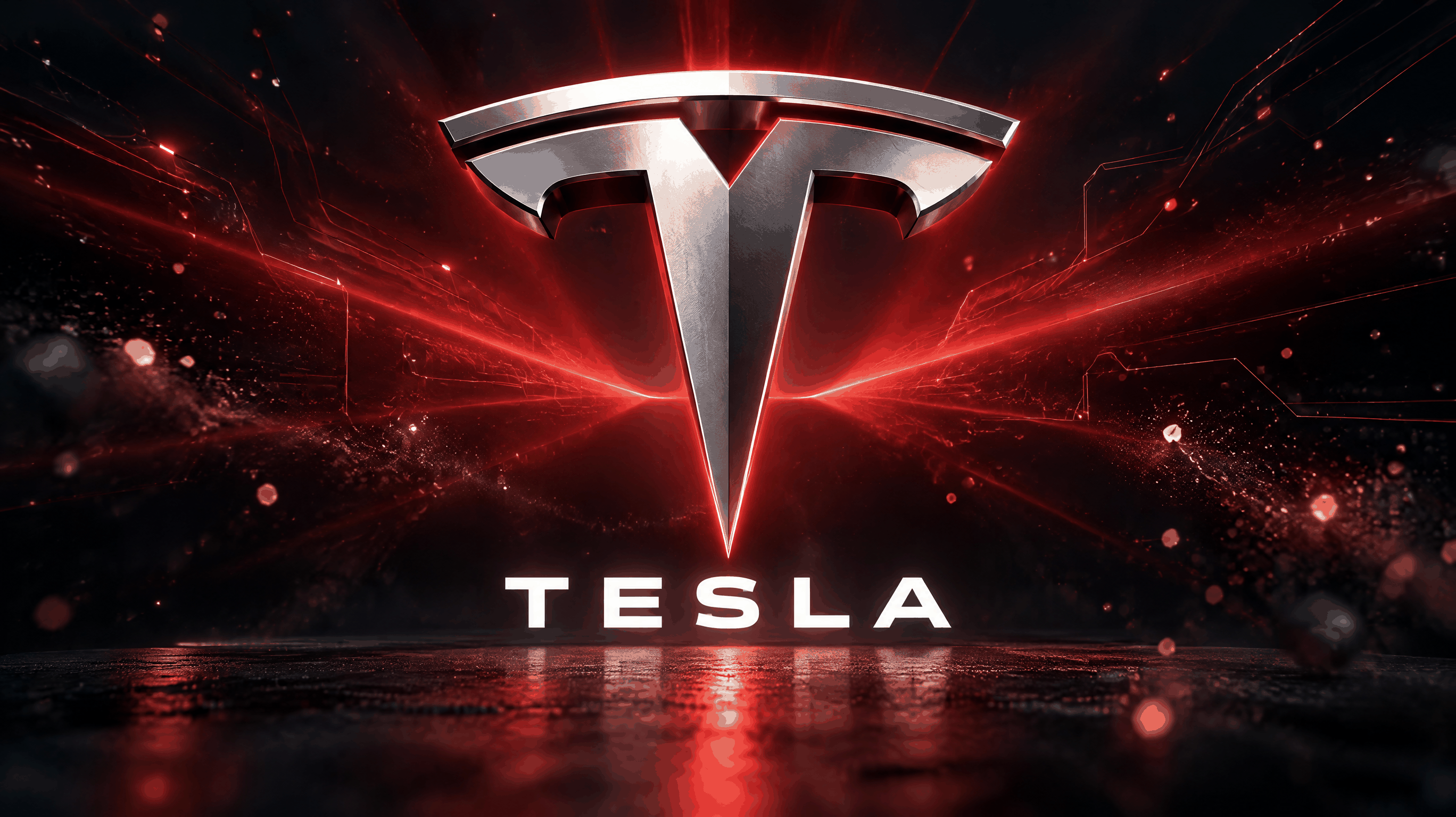 테슬라(Tesla)의 T 심볼이 크게 배치된 브랜드 일러스트. 어두운 남색 배경에 레드빛 빛줄기가 넓게 퍼지는 가운데 금속 질감의 로고 심볼이 떠 있고, 그 아래에 TESLA 워드마크가 흰 글자로 놓여 있다. 테슬라(Tesla)의 T 심볼이 크게 배치된 브랜드 일러스트. 어두운 남색 배경에 레드빛 빛줄기가 넓게 퍼지는 가운데 금속 질감의 로고 심볼이 떠 있고, 그 아래에 TESLA 워드마크가 흰 글자로 놓여 있다.